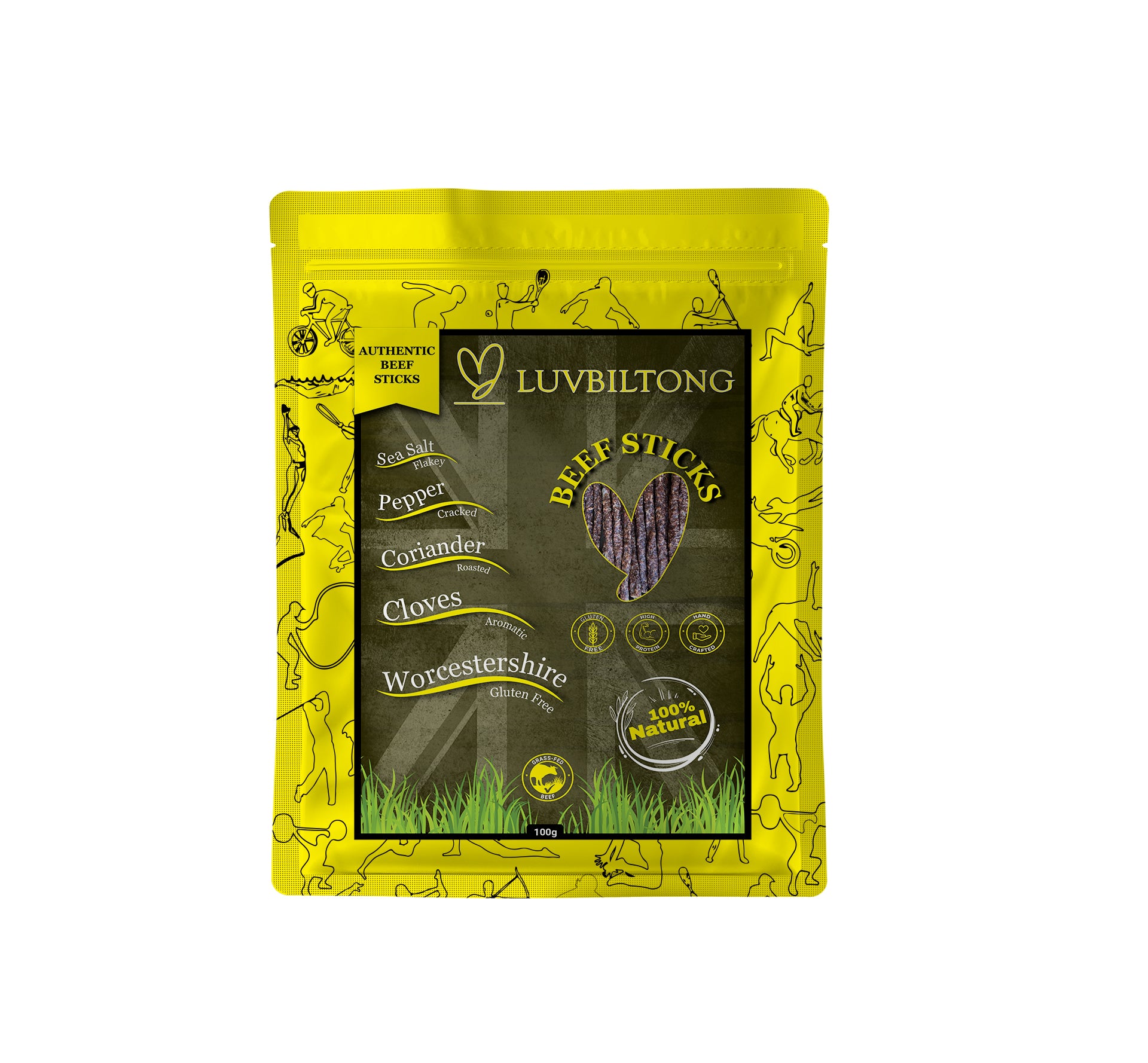 Beef Sticks - Vacuum Sealed biltong grass fed snack made in UK in yellow colour packaging